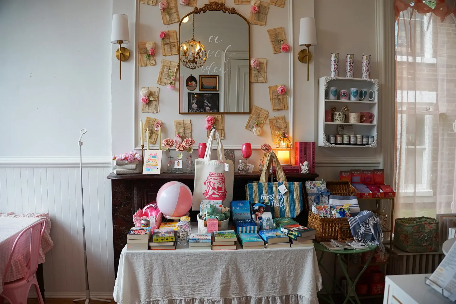 Books, bags, and related merchandise on sale inside A Novel Idea book boutique
